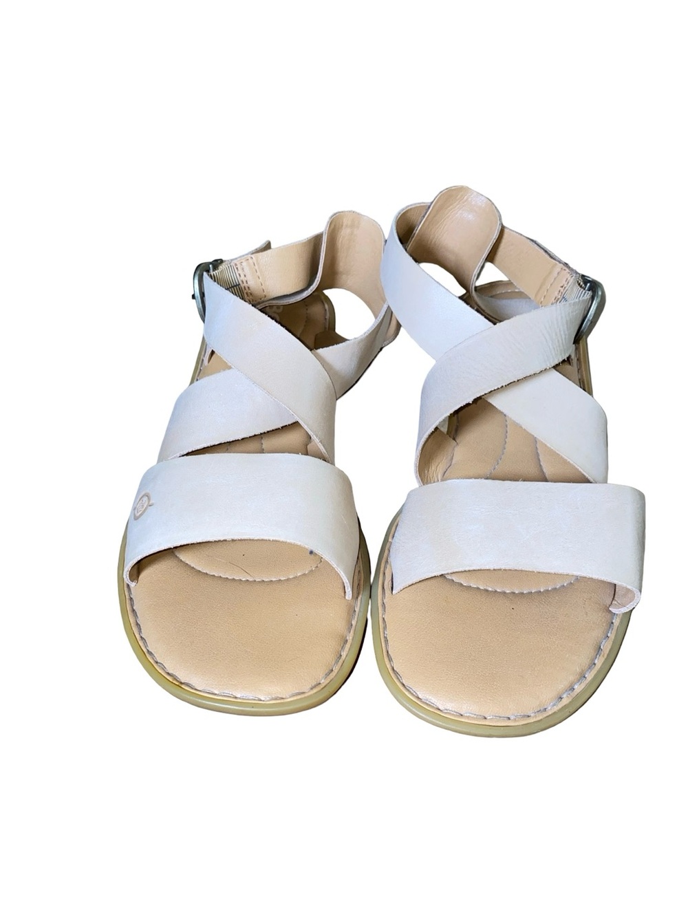 Born Off-White Cream Leather Strappy Sandals Ankle criscross Buckle Comfort